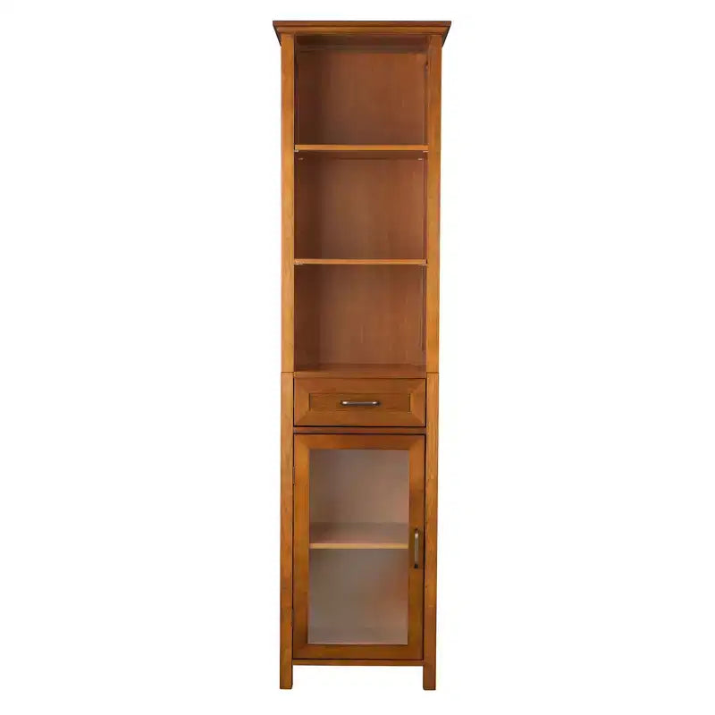 Armoire à linge sur pied avec portes vitrées, tiroir et étagères, chêne huilé