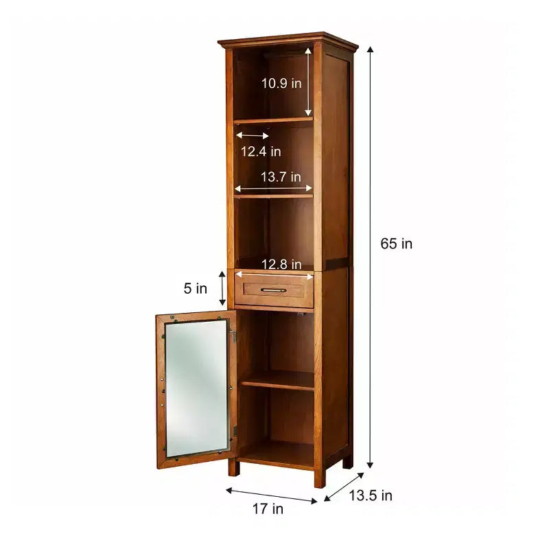 Armoire à linge sur pied avec portes vitrées, tiroir et étagères, chêne huilé