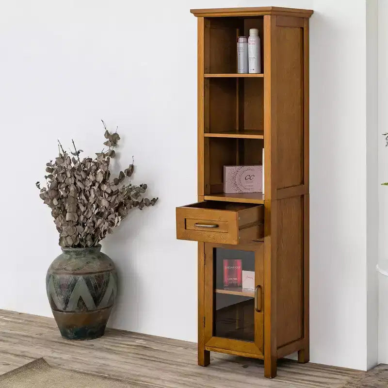 Armoire à linge sur pied avec portes vitrées, tiroir et étagères, chêne huilé