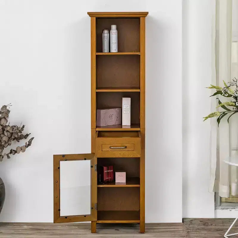 Armoire à linge sur pied avec portes vitrées, tiroir et étagères, chêne huilé