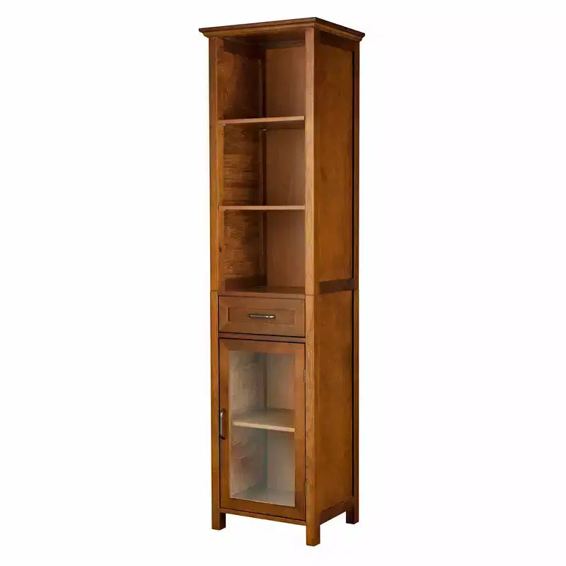 Armoire à linge sur pied avec portes vitrées, tiroir et étagères, chêne huilé