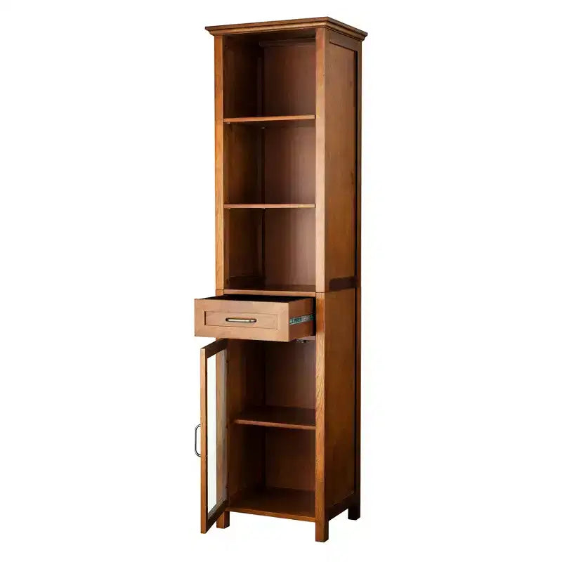 Armoire à linge sur pied avec portes vitrées, tiroir et étagères, chêne huilé