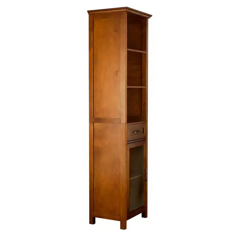 Armoire à linge sur pied avec portes vitrées, tiroir et étagères, chêne huilé