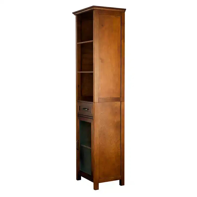 Armoire à linge sur pied avec portes vitrées, tiroir et étagères, chêne huilé