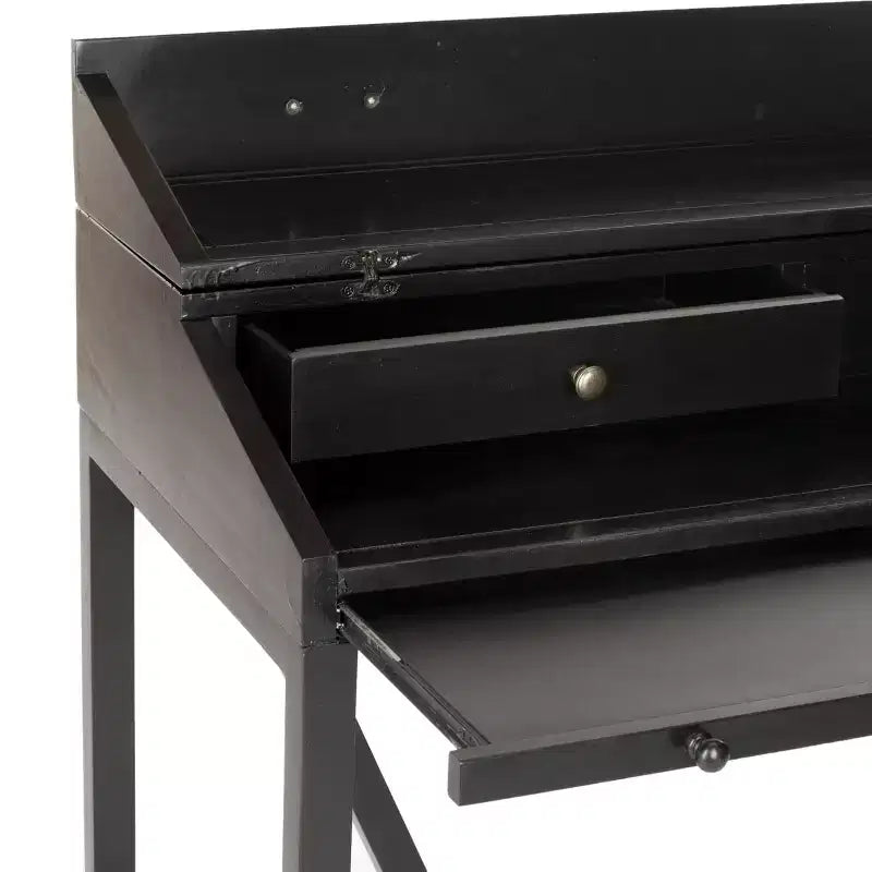 Bureau avec étagère coulissante, bois de pin teck foncé
