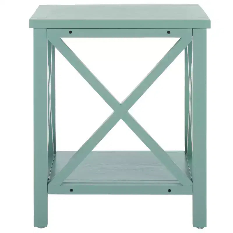 Table d'appoint à piètement croisé avec détails en X ouverts et étagère inférieure, bois blanc