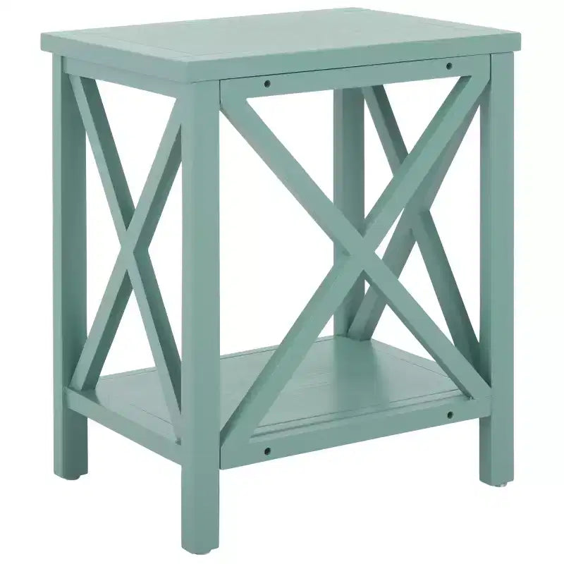 Table d'appoint à piètement croisé avec détails en X ouverts et étagère inférieure, bois blanc