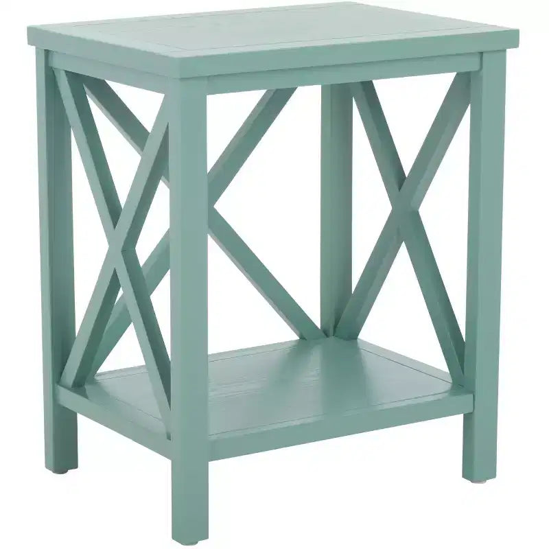 Table d'appoint à piètement croisé avec détails en X ouverts et étagère inférieure, bois blanc