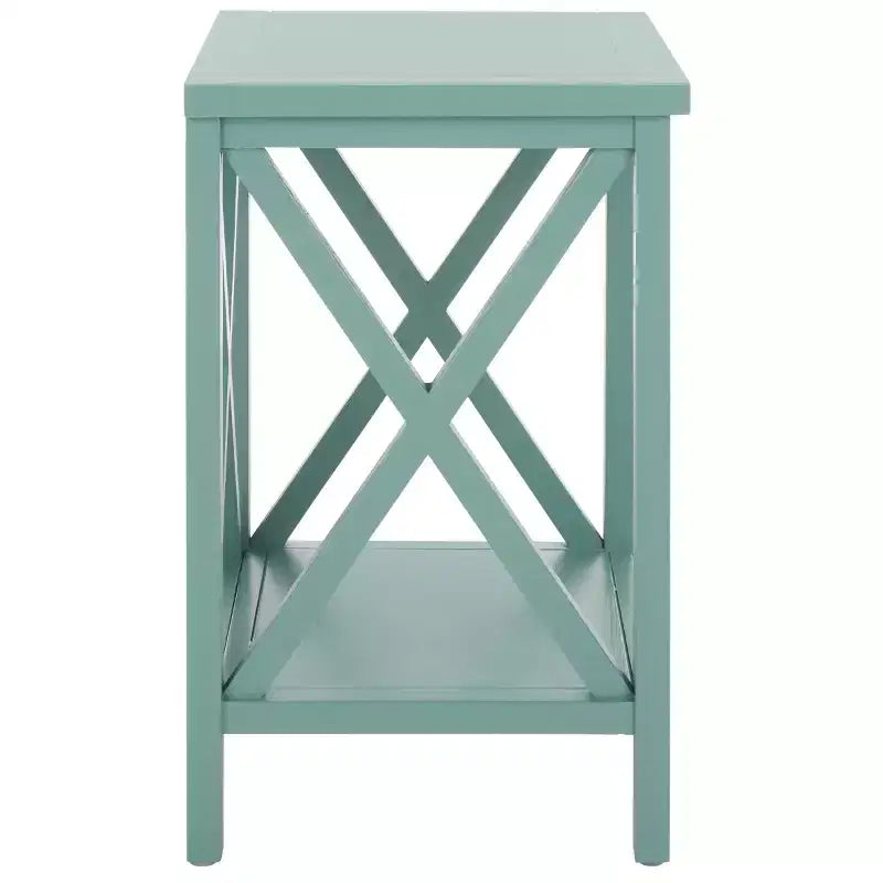 Table d'appoint à piètement croisé avec détails en X ouverts et étagère inférieure, bois blanc