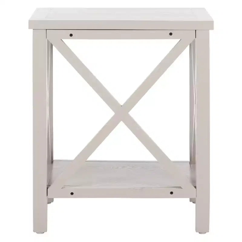 Table d'appoint à piètement croisé avec détails en X ouverts et étagère inférieure, bois blanc