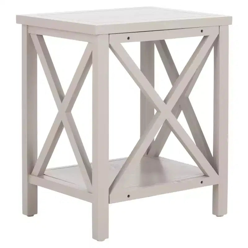 Table d'appoint à piètement croisé avec détails en X ouverts et étagère inférieure, bois blanc