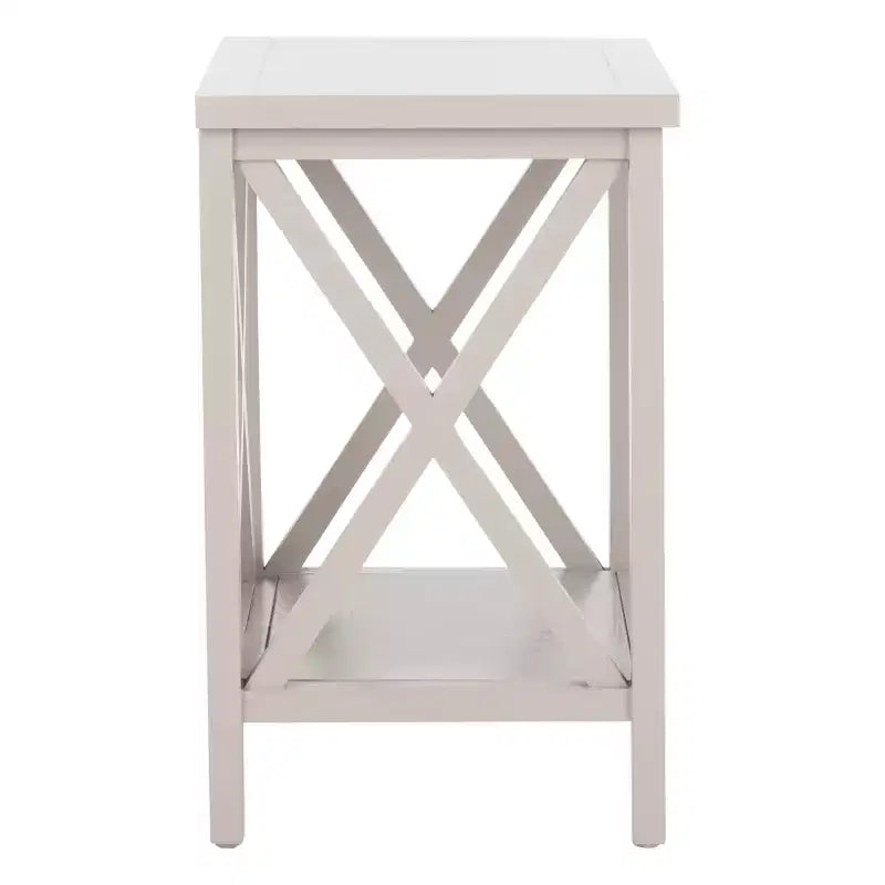 Table d'appoint à piètement croisé avec détails en X ouverts et étagère inférieure, bois blanc