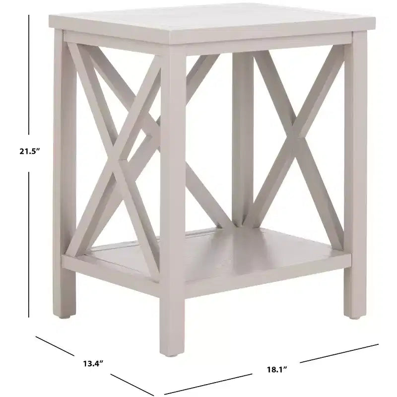 Table d'appoint à piètement croisé avec détails en X ouverts et étagère inférieure, bois blanc