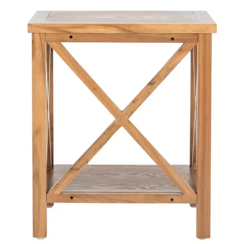 Table d'appoint à piètement croisé avec détails en X ouverts et étagère inférieure, bois blanc
