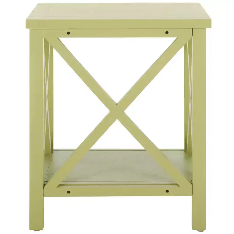 Table d'appoint à piètement croisé avec détails en X ouverts et étagère inférieure, bois blanc