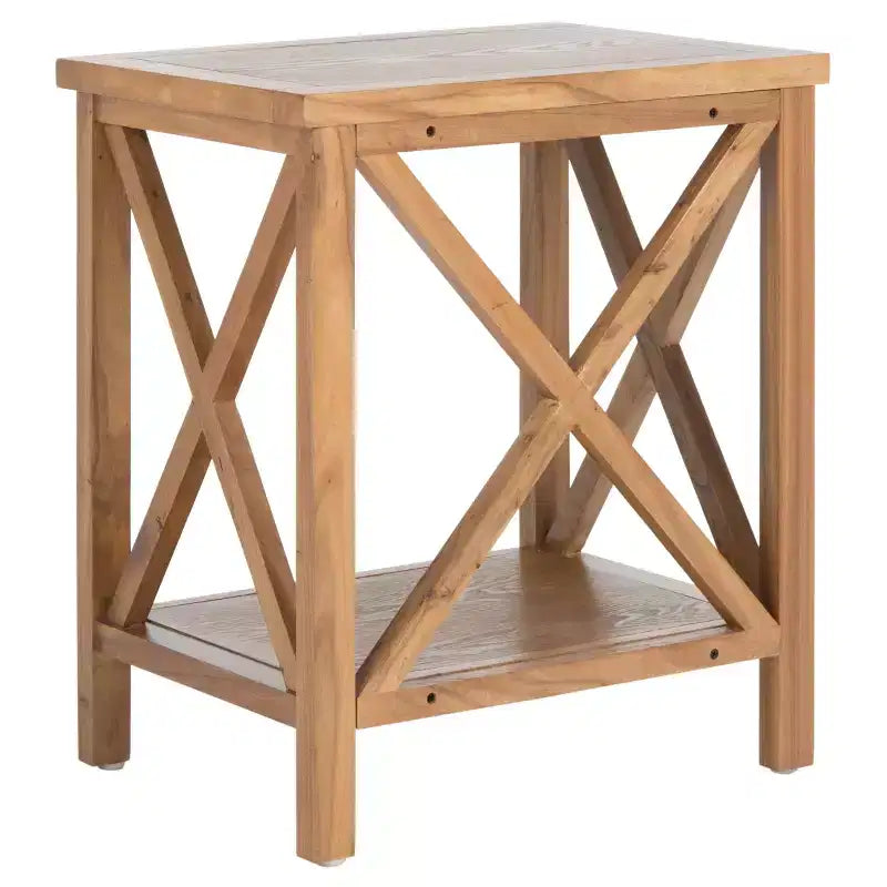 Table d'appoint à piètement croisé avec détails en X ouverts et étagère inférieure, bois blanc