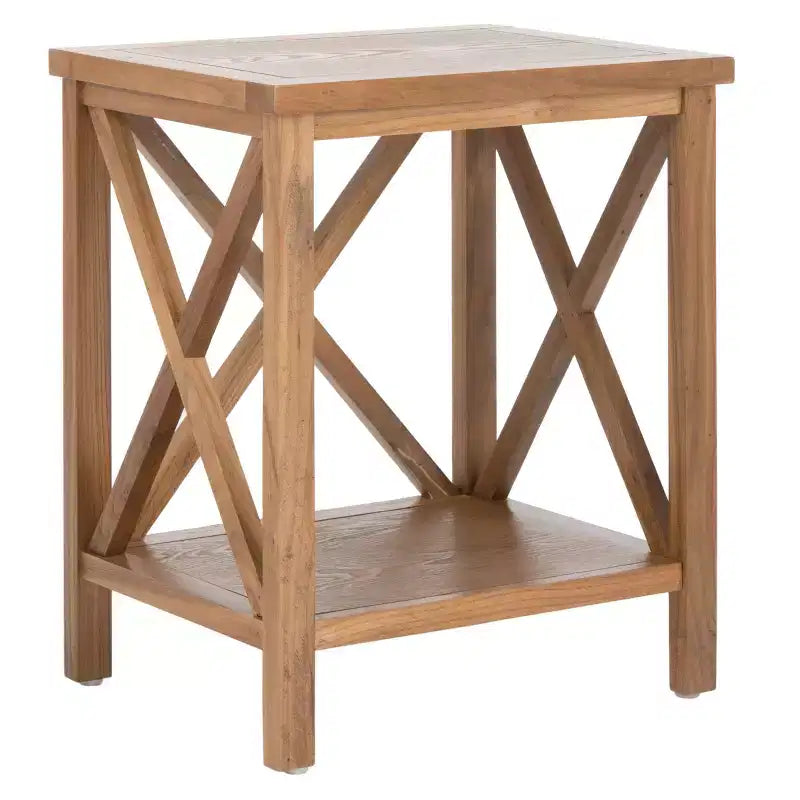 Table d'appoint à piètement croisé avec détails en X ouverts et étagère inférieure, bois blanc