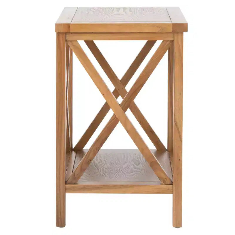 Table d'appoint à piètement croisé avec détails en X ouverts et étagère inférieure, bois blanc