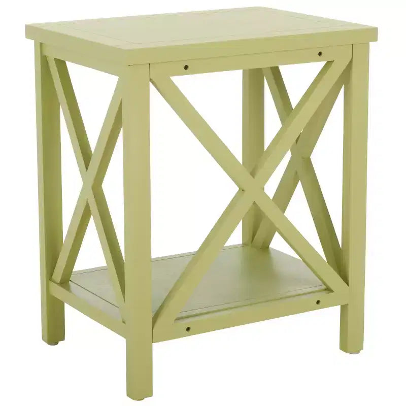 Table d'appoint à piètement croisé avec détails en X ouverts et étagère inférieure, bois blanc