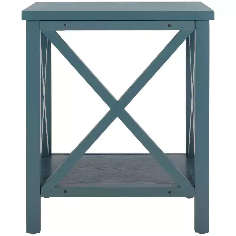 Table d'appoint à piètement croisé avec détails en X ouverts et étagère inférieure, bois blanc