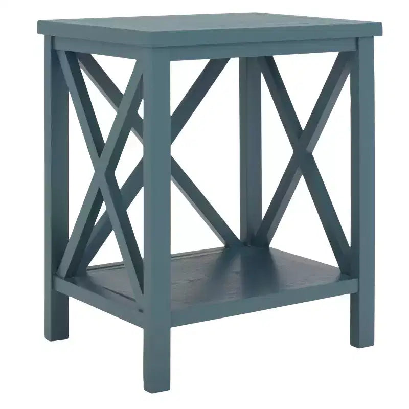 Table d'appoint à piètement croisé avec détails en X ouverts et étagère inférieure, bois blanc