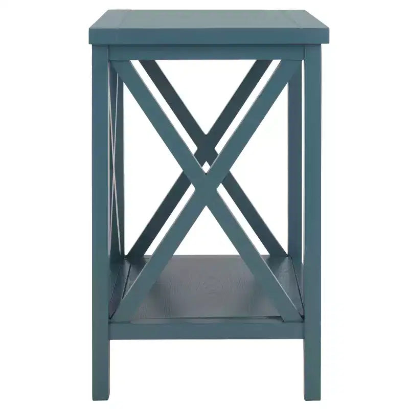 Table d'appoint à piètement croisé avec détails en X ouverts et étagère inférieure, bois blanc
