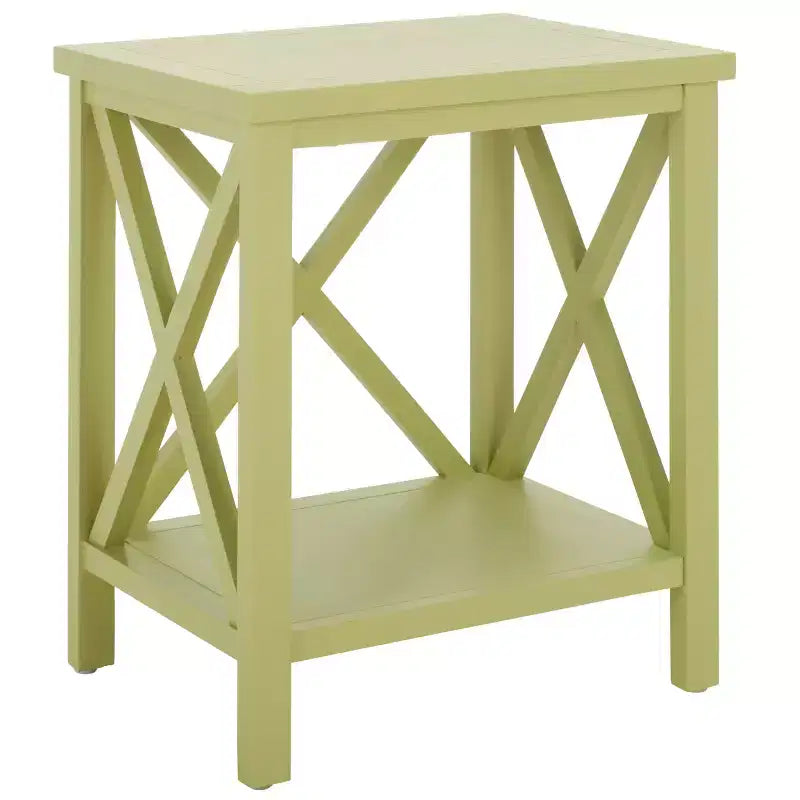 Table d'appoint à piètement croisé avec détails en X ouverts et étagère inférieure, bois blanc