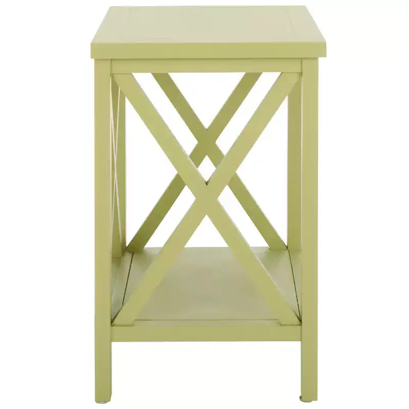 Table d'appoint à piètement croisé avec détails en X ouverts et étagère inférieure, bois blanc
