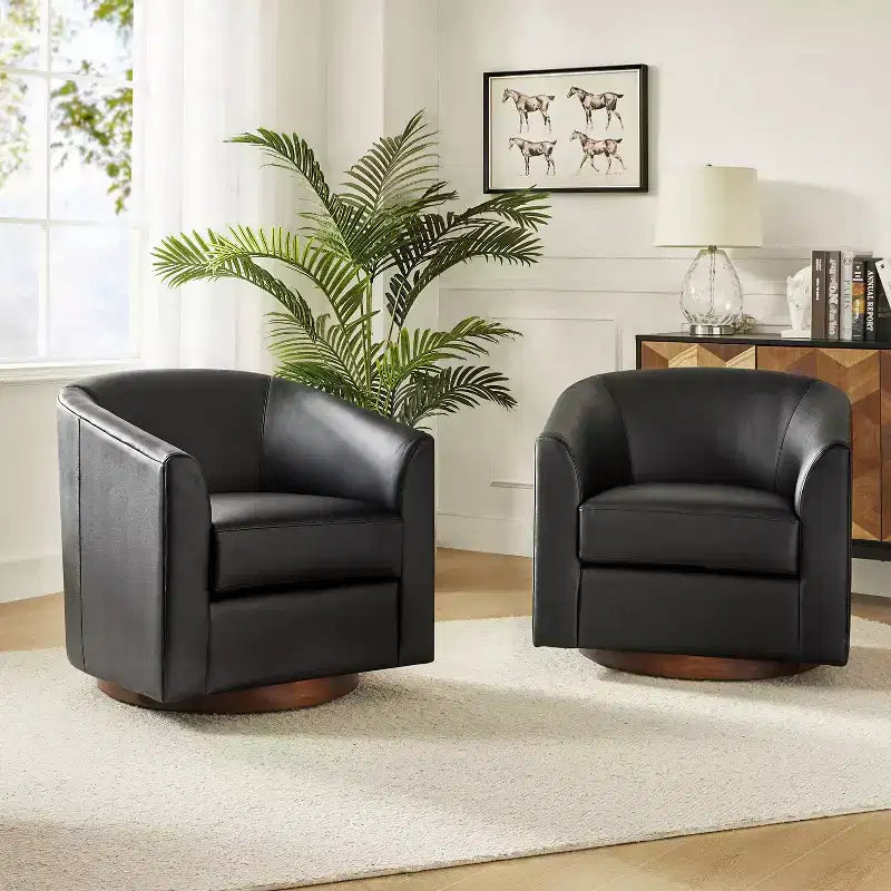 Lot de 2 fauteuils pivotants modernes en similicuir avec piètement en bois massif, 77,5 cm de large