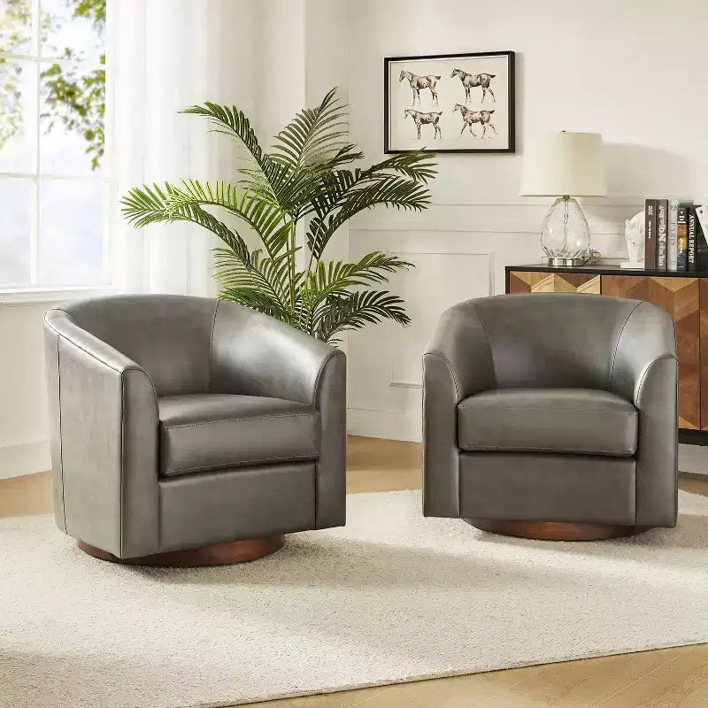 Lot de 2 fauteuils pivotants modernes en similicuir avec piètement en bois massif, 77,5 cm de large