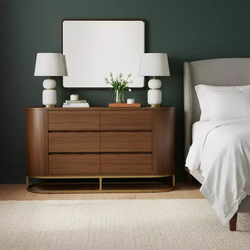Commode moderne à 6 tiroirs avec plateau Live Edge, piètement en métal et construction en bois mélangé durable