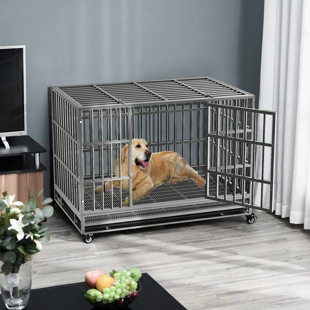 BOSSIN Cage pour Chien Robuste Indestructible 48/38 Pouces, Niche Anti-Évasion avec Roues Verrouillables