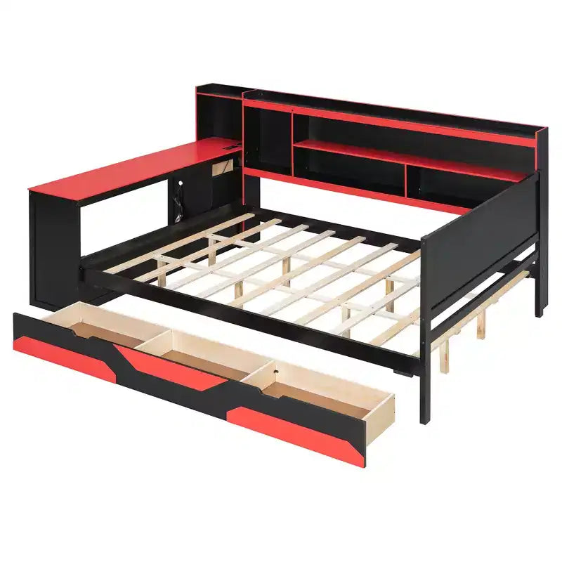 Lit de repos Gamer Hub avec bureau, lumières RGB, station de recharge, tiroirs de rangement et tête de lit bibliothèque