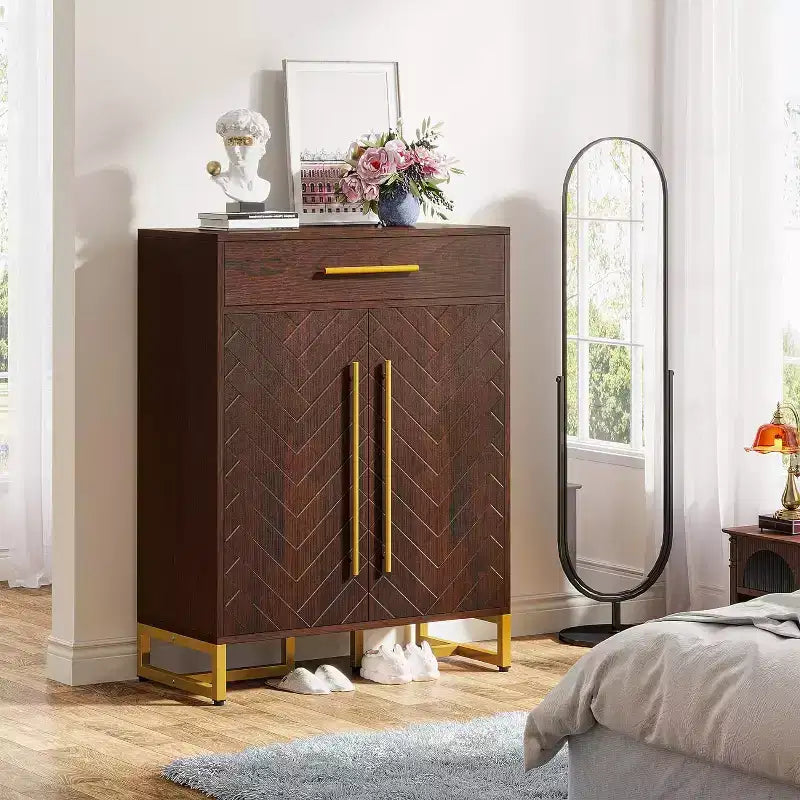 Meuble à chaussures avec portes et tiroir, Étagère à chaussures moderne, Peut contenir 20 paires