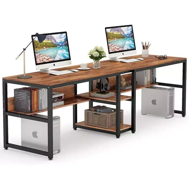 Lantine Double Desk with Bookshelf, 78.7 Computer Office Double Desk for Two Persons, Writing Desk Workstation with Shelf for Home Office