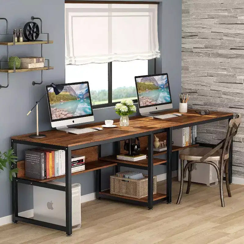 Bureau double de 199,9 cm avec étagère pour deux personnes, poste de travail pour bureau à domicile