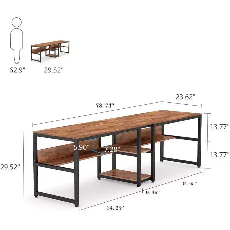 Bureau double de 199,9 cm avec étagère pour deux personnes, poste de travail pour bureau à domicile