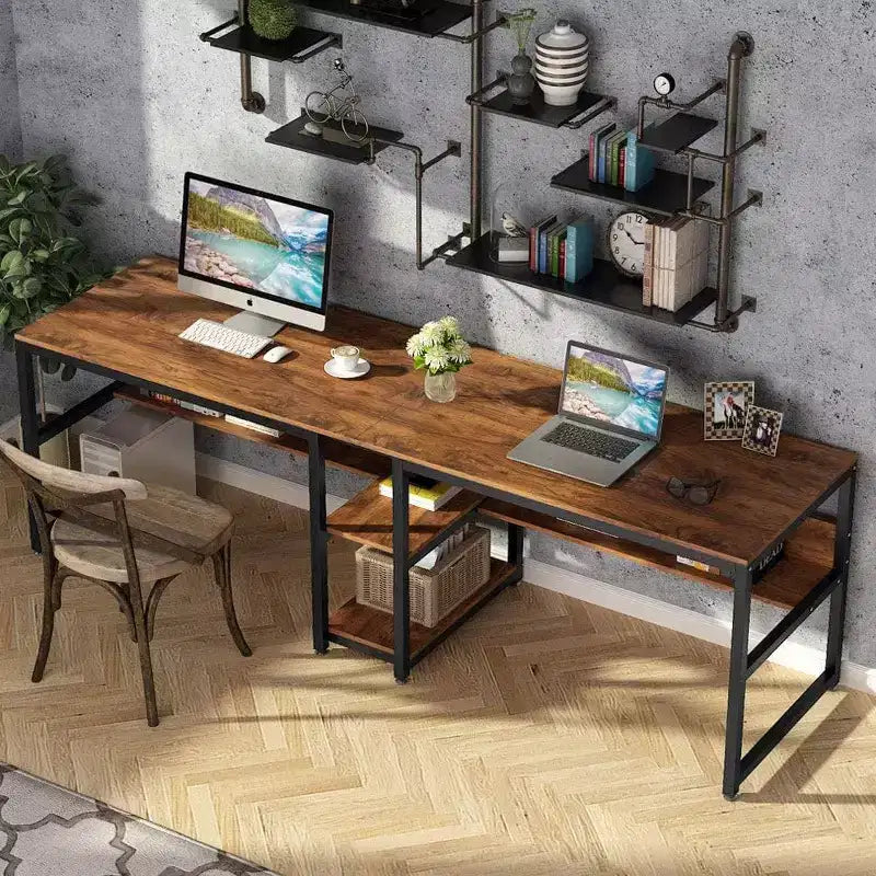 Bureau double de 199,9 cm avec étagère pour deux personnes, poste de travail pour bureau à domicile