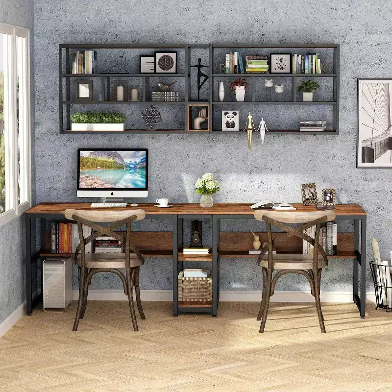 Bureau double de 199,9 cm avec étagère pour deux personnes, poste de travail pour bureau à domicile