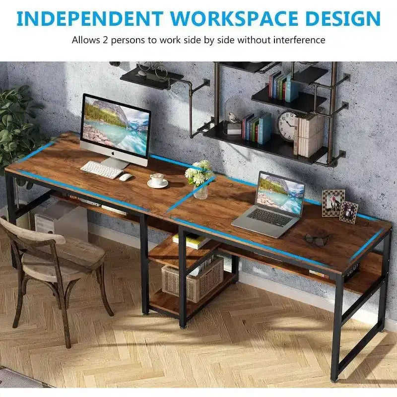 Bureau double de 199,9 cm avec étagère pour deux personnes, poste de travail pour bureau à domicile