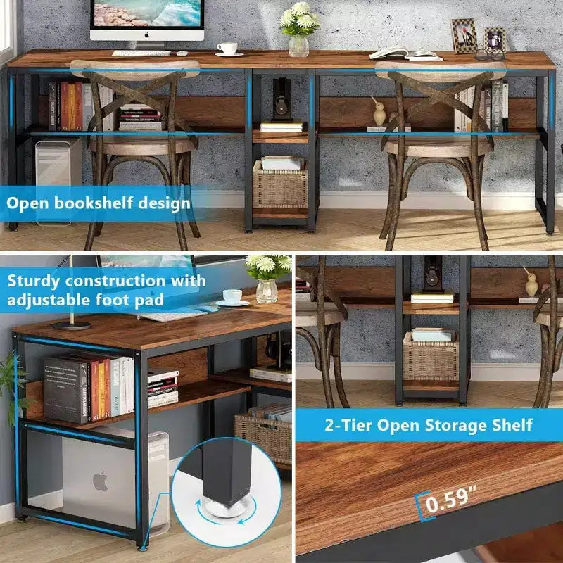 Bureau double de 199,9 cm avec étagère pour deux personnes, poste de travail pour bureau à domicile