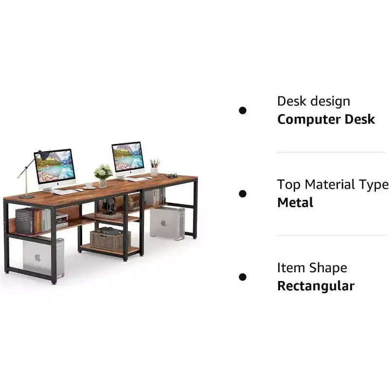 Bureau double de 199,9 cm avec étagère pour deux personnes, poste de travail pour bureau à domicile