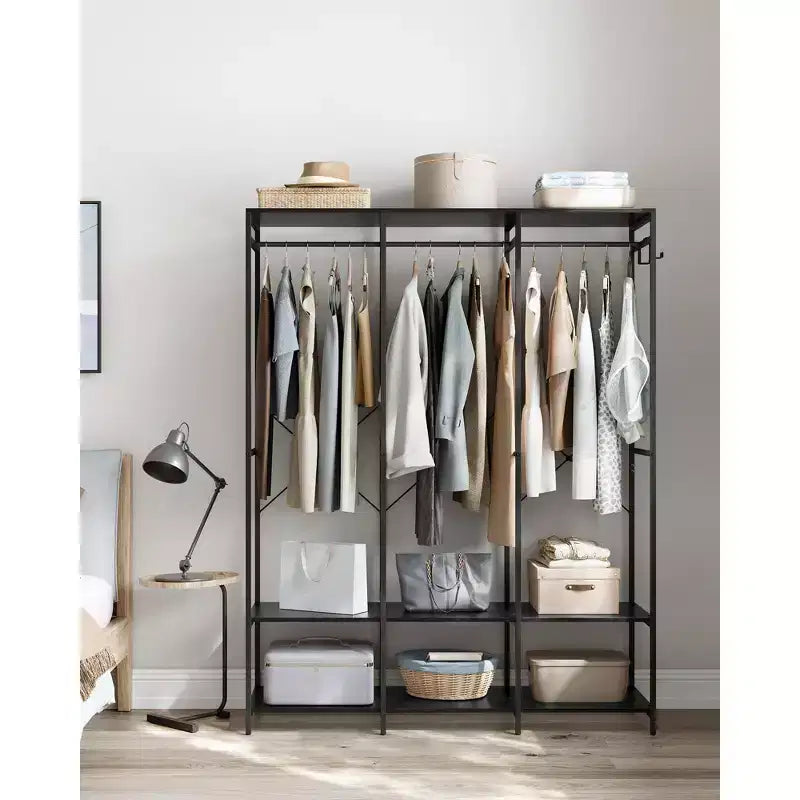 SONGMICS Clothes Rack, Iron and Wood Wardrobe Closet Organizer, Heavy Duty Garment Rack with Hanging Rods