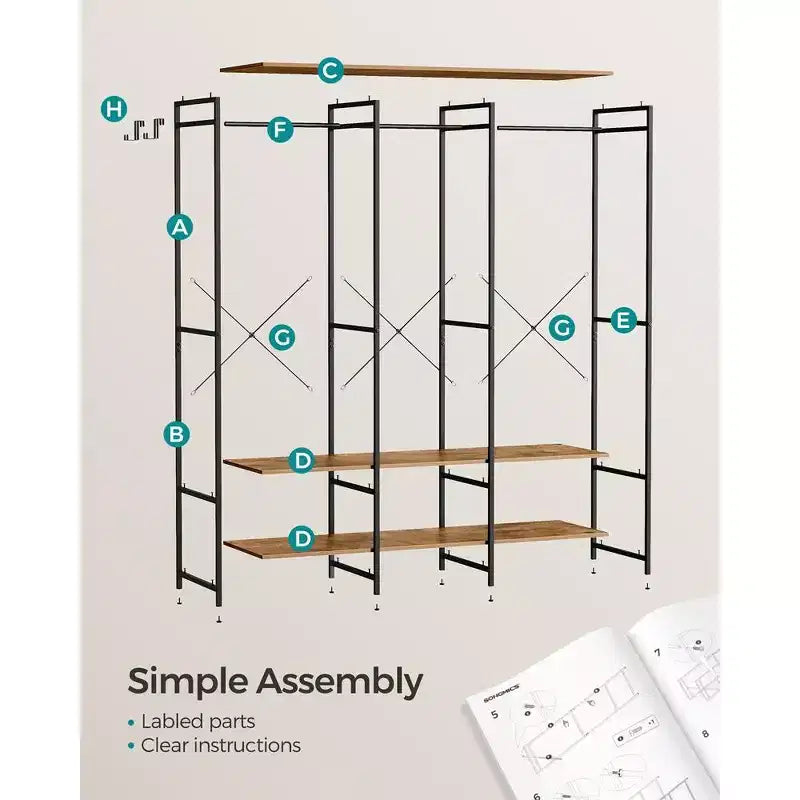 Organisateur de penderie en fer et bois, portemanteau robuste avec tringles suspendues
