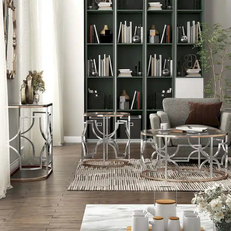 Ensemble de 3 tables basses Ders Glam Chrome et placage or avec plateau en verre trempé de Furniture of America