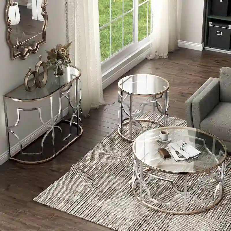 Ensemble de 3 tables basses Ders Glam Chrome et placage or avec plateau en verre trempé de Furniture of America