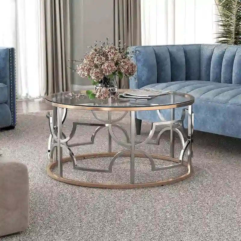 Ensemble de 3 tables basses Ders Glam Chrome et placage or avec plateau en verre trempé de Furniture of America