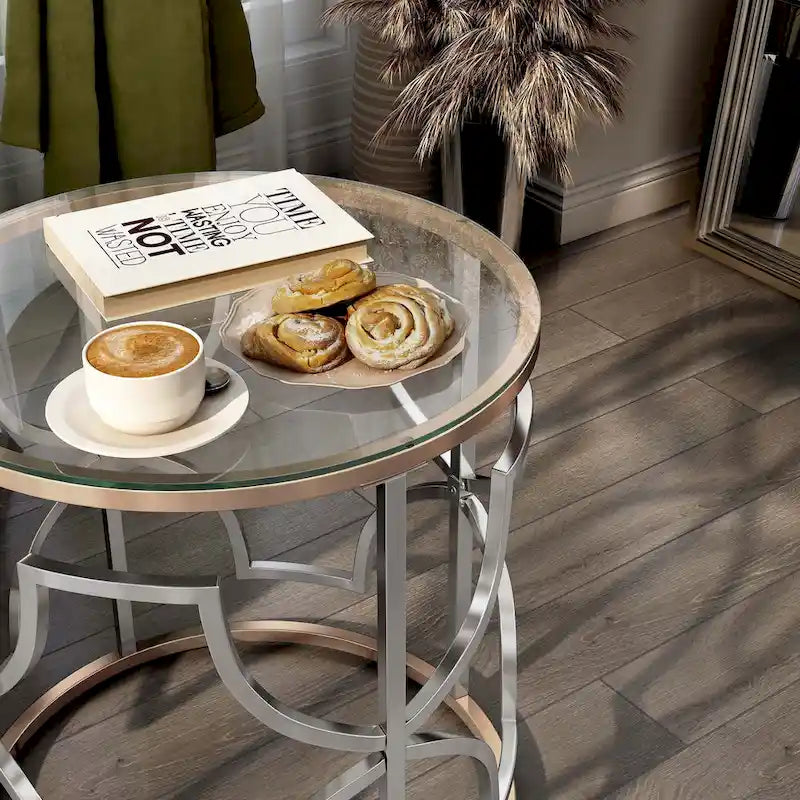 Ensemble de 3 tables basses Ders Glam Chrome et placage or avec plateau en verre trempé de Furniture of America