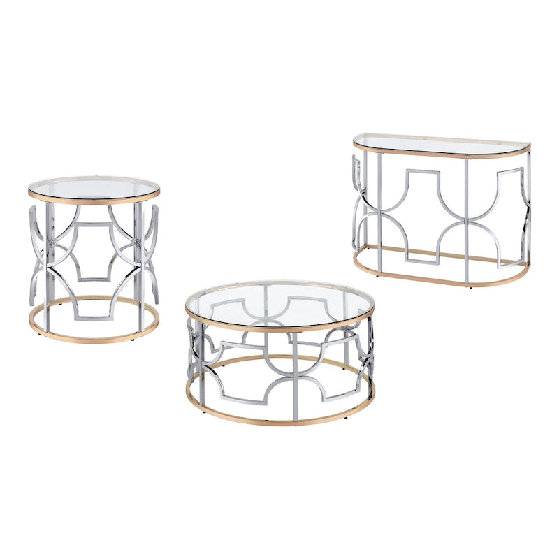 Ensemble de 3 tables basses Ders Glam Chrome et placage or avec plateau en verre trempé de Furniture of America