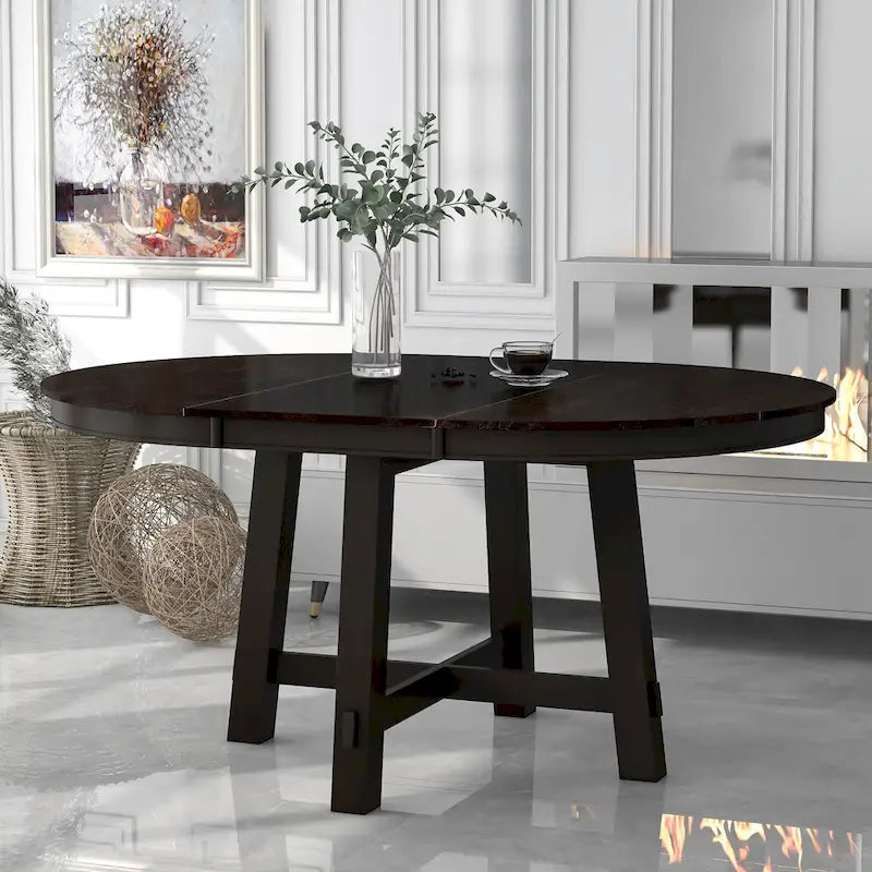 TREXM Farmhouse Round Extendable Dining Table with 16 Leaf Wood Kitchen Table